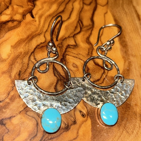House of Bangles Hammered Sterling Turquoise Earrings From Mexico - Picture 1 of 6